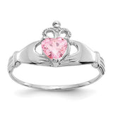 14k white gold Claddagh heart ring with October birthstone cubic zirconia, featuring a detailed design and Solomon Jewelers branding.