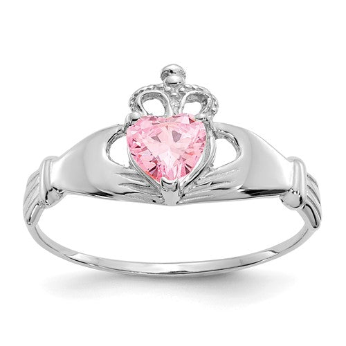 14k white gold Claddagh heart ring with October birthstone cubic zirconia, featuring a detailed design and Solomon Jewelers branding.
