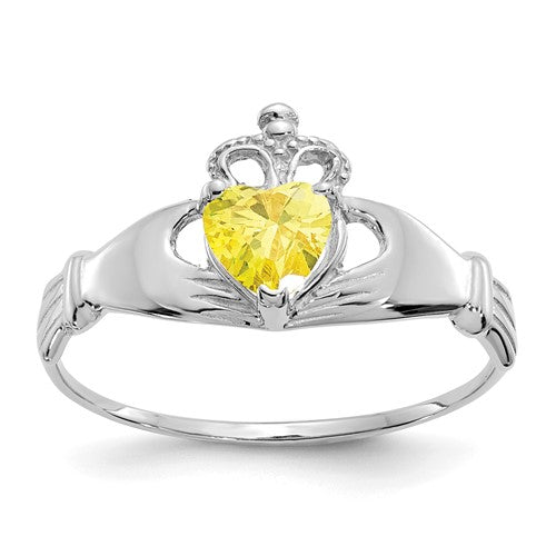 14k white gold CZ November birthstone Claddagh heart ring, elegant jewelry with detailed design and sparkling stone.