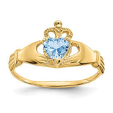 14k gold CZ March birthstone Claddagh heart ring with intricate design, crafted by Solomon Jewelers.