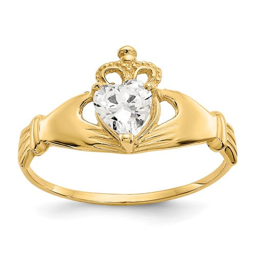 14k gold CZ April birthstone Claddagh heart ring with detailed design, crafted by Solomon Jewelers.