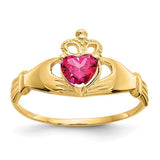14k gold CZ July birthstone Claddagh heart ring with intricate design, crafted by Solomon Jewelers.