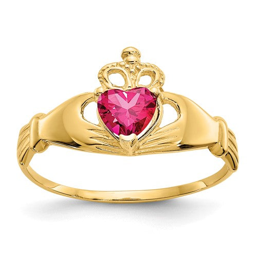 14k gold CZ July birthstone Claddagh heart ring with intricate design, crafted by Solomon Jewelers.