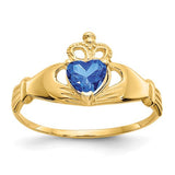 14k gold CZ September birthstone Claddagh heart ring, elegant jewelry featuring a heart design and sparkling cubic zirconia.