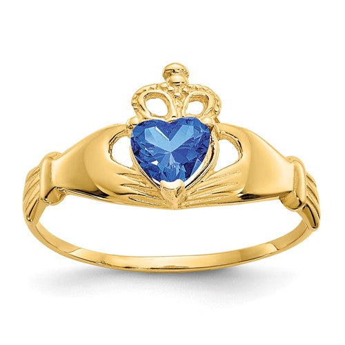 14k gold CZ September birthstone Claddagh heart ring, elegant jewelry featuring a heart design and sparkling cubic zirconia.