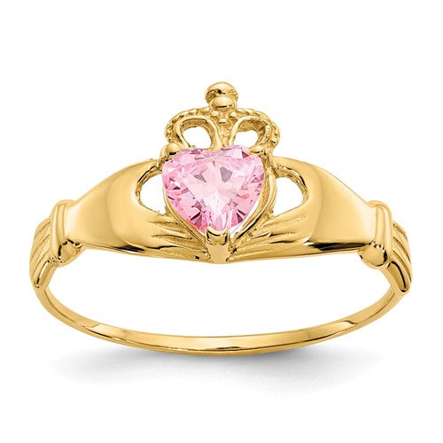 14k gold CZ October birthstone Claddagh heart ring featuring detailed craftsmanship and symbolic design from Solomon Jewelers.