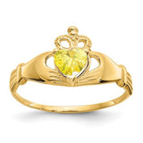 14k gold CZ November birthstone Claddagh heart ring with intricate detailing, designed for elegant jewelry wear.