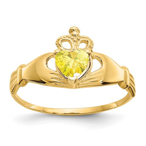 14k gold CZ November birthstone Claddagh heart ring with intricate detailing, designed for elegant jewelry wear.