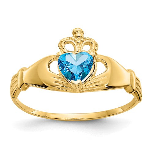 14k gold CZ December birthstone Claddagh heart ring with intricate design, featuring sparkling gemstone and detailed craftsmanship.