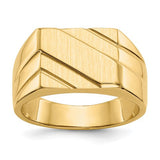 14k gold men's signet ring with open back and diagonal design, featuring 13.0x11.0mm size, from Solomon Jewelers.