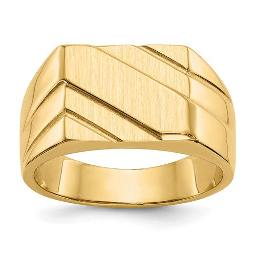14k gold men's signet ring with open back and diagonal design, featuring 13.0x11.0mm size, from Solomon Jewelers.