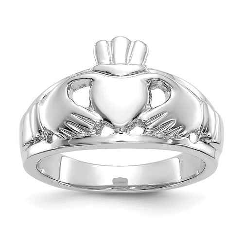 14k white gold ladies Claddagh ring featuring heart and crown design, jewelry ring by Solomon Jewelers.