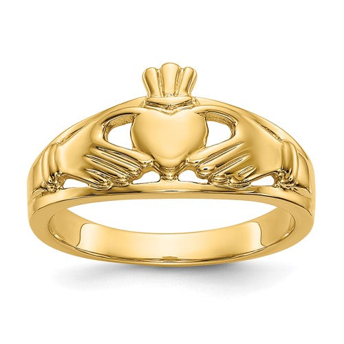 14k gold polished ladies Claddagh ring featuring heart, crown, and hands design, crafted by Solomon Jewelers.
