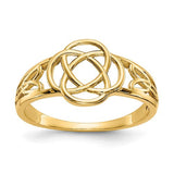 Polished 14k gold Celtic knot ring for women, featuring intricate design, crafted by Solomon Jewelers.