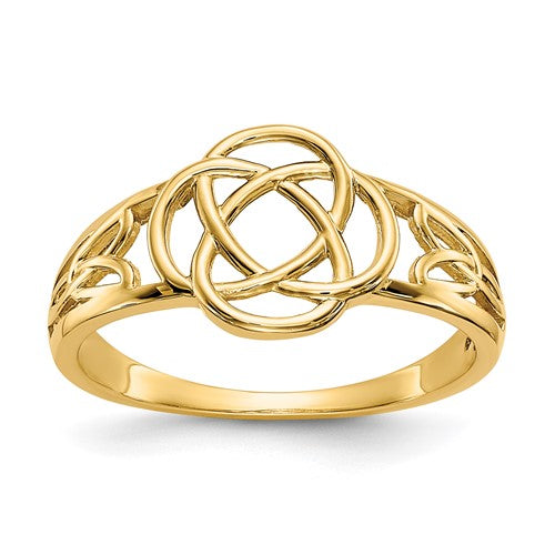 Polished 14k gold Celtic knot ring for women, featuring intricate design, crafted by Solomon Jewelers.