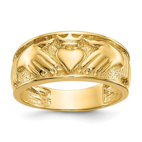 14k polished men's Claddagh ring from Solomon Jewelers, featuring detailed craftsmanship and a classic design.