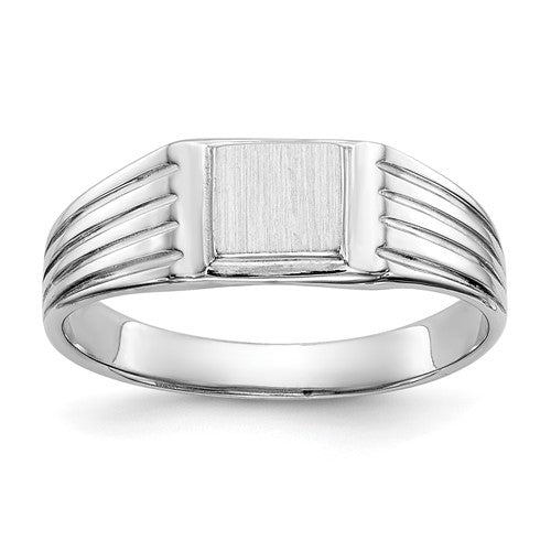 14k white gold child's open back signet ring with 5.25x5.0mm size, featuring a polished finish and engraved design.