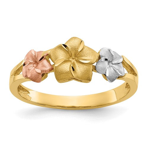 14k tri-color gold Plumeria ring showcasing layered floral design, crafted by Solomon Jewelers.