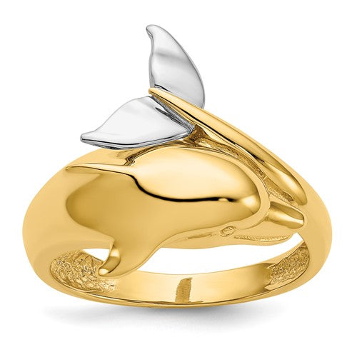 14k two-tone polished dolphin ring featuring a sleek design, crafted by Solomon Jewelers, showcasing fine jewelry craftsmanship.