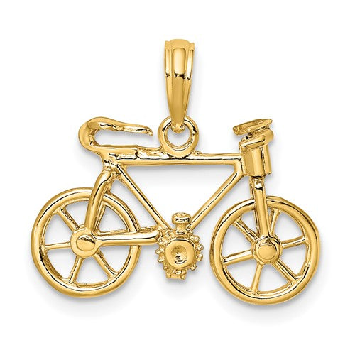 14k gold 3D moveable bicycle charm pendant from Solomon Jewelers, detailed with intricate design and shiny finish.