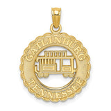 14k gold Gatlinburg Tennessee charm with trolley car in circle, ideal for necklaces or bracelets, by Solomon Jewelers.