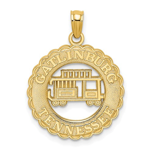 14k gold Gatlinburg Tennessee charm with trolley car in circle, ideal for necklaces or bracelets, by Solomon Jewelers.