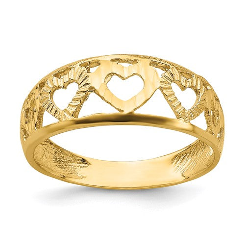 14k gold ring with five diamond-cut hearts, featuring intricate detailing, from Solomon Jewelers.