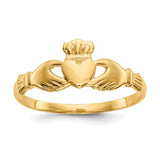 14k gold Claddagh ring featuring heart, hands, and crown design, crafted by Solomon Jewelers, shown on a white background.