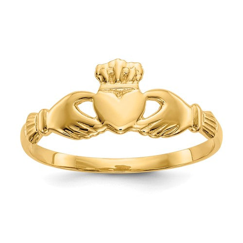 14k gold Claddagh ring featuring heart, hands, and crown design, crafted by Solomon Jewelers, shown on a white background.
