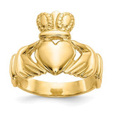 14k men's Claddagh ring featuring detailed craftsmanship, crafted by Solomon Jewelers, showcasing Irish-inspired jewelry design.