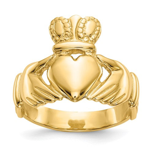 14k men's Claddagh ring featuring detailed craftsmanship, crafted by Solomon Jewelers, showcasing Irish-inspired jewelry design.