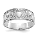 14k white gold ladies Claddagh ring showcasing intricate heart and crown design, crafted by Solomon Jewelers.