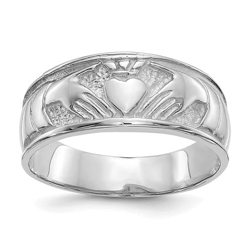 14k white gold ladies Claddagh ring showcasing intricate heart and crown design, crafted by Solomon Jewelers.