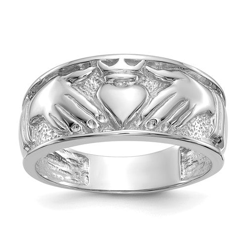 14k white gold men's Claddagh ring featuring a detailed heart and hands design, crafted by Solomon Jewelers.
