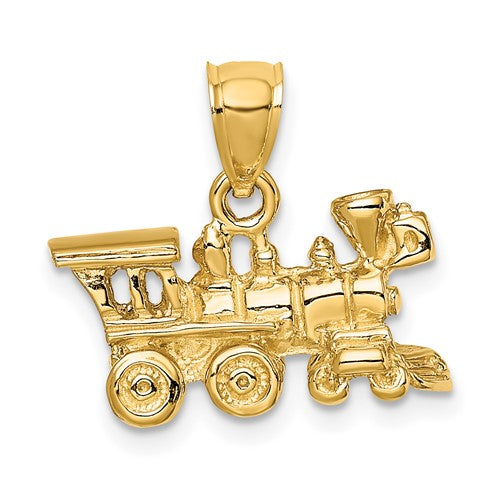 14k gold locomotive charm pendant featuring detailed 3-D design, ideal for jewelry and charm collection.