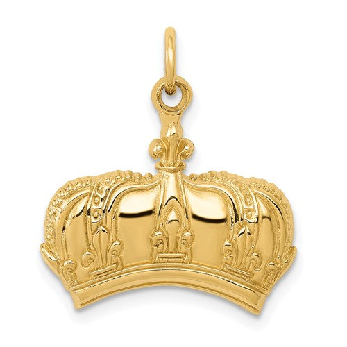 Gold Fleur De Lis Crown charm pendant in 14k gold, featuring intricate detailing, perfect for jewelry accessories.