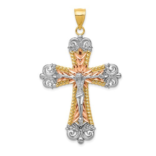 14k-tri-color-w-white-rhodium-crucifix-cross-pendant-SolomonJeweler-Wichita-KS-CustomJewelry