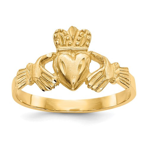 14K satin finish Claddagh ring with diamond-cut details, showcasing a symbolic Irish design in fine jewelry.