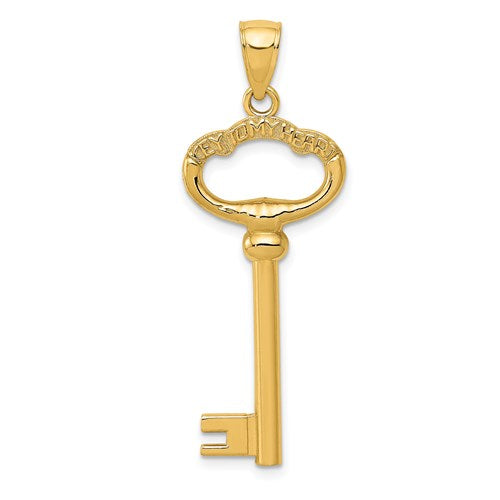 14K polished gold "Key to My Heart" charm pendant featuring 3D design, ideal for necklaces or charm bracelets.