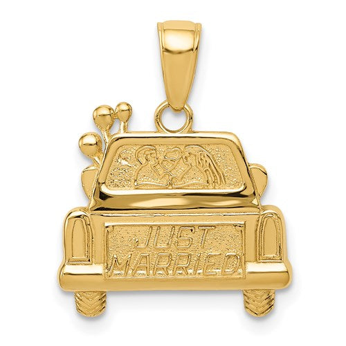 14K gold Just Married pendant with polished and textured finish, featuring a romantic charm for special occasions.