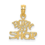 14K gold "Born to Shop" charm pendant with engraved lettering, crafted by Solomon Jewelers.