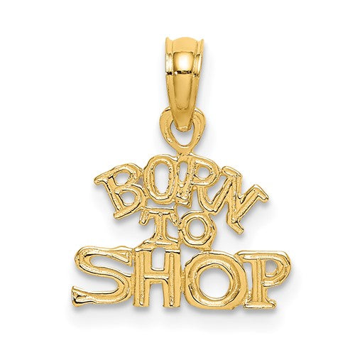 14K gold "Born to Shop" charm pendant with engraved lettering, crafted by Solomon Jewelers.