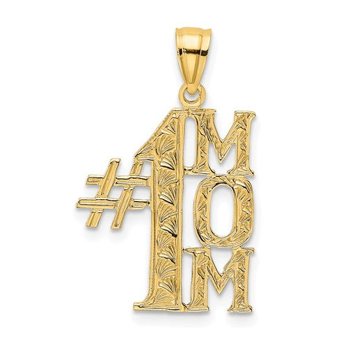 14K gold #1 MOM vertical charm pendant, featuring a heart design, from Solomon Jewelers in a close-up view.