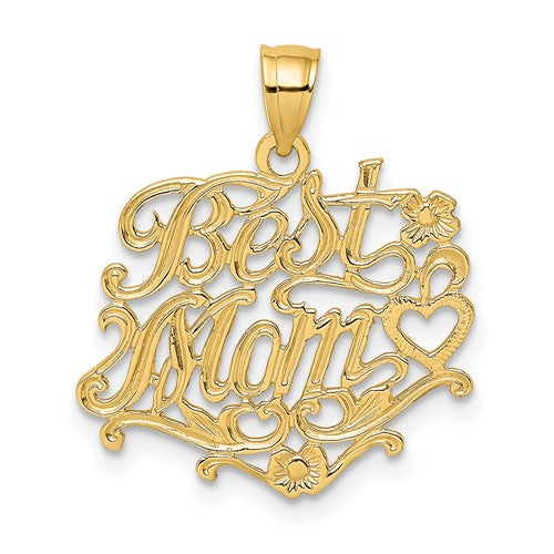 14K gold "Best Mom" charm pendant from Solomon Jewelers, featuring a delicate design and polished finish.