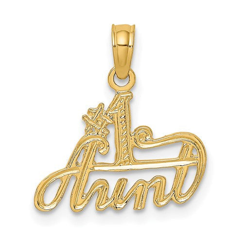 14K gold #1 Aunt charm pendant featuring a heart design, crafted by Solomon Jewelers for personalized jewelry.