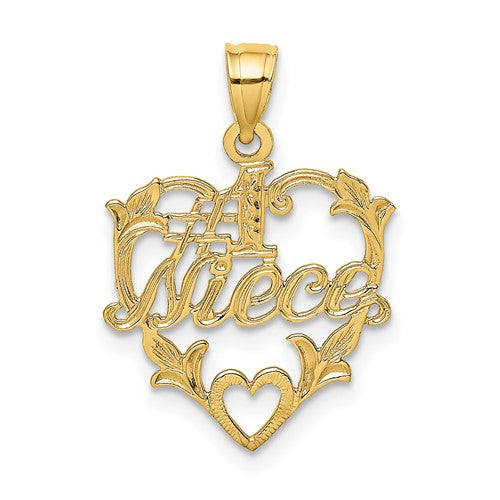 14K gold niece in heart charm pendant featuring the #1 inscription, crafted by Solomon Jewelers, with a detailed heart shape.