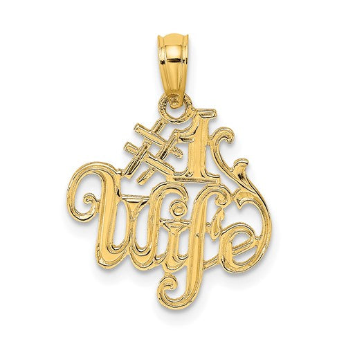 14K gold "#1 WIFE" charm pendant, stylish jewelry piece from Solomon Jewelers, featuring a polished gold finish and delicate design.