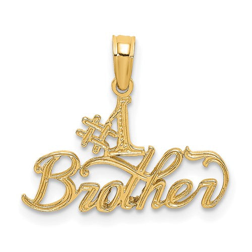 14K gold #1 BROTHER charm pendant, detailed jewelry piece from Solomon Jewelers, featuring a polished gold finish and engraved lettering.