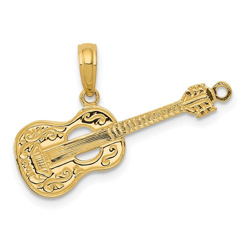14K gold guitar pendant with detailed design, displayed on a jewelry stand, showcasing craftsmanship by Solomon Jewelers.