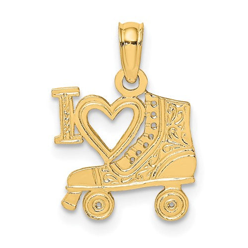 14K gold I HEART roller skate charm pendant from Solomon Jewelers, featuring a playful skate design and polished finish.